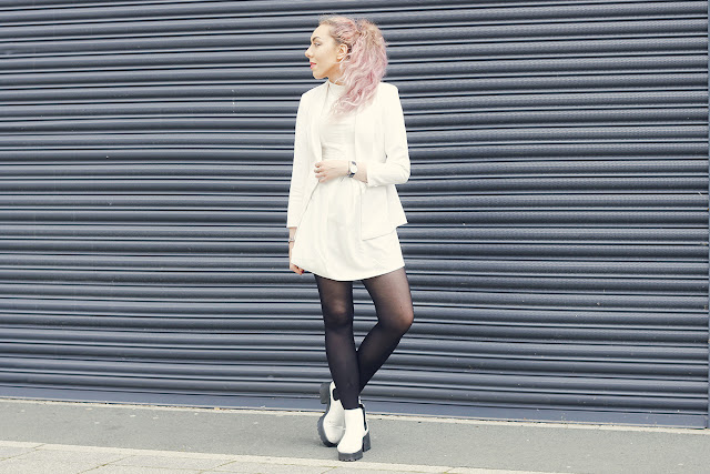 Turn Up Cuff Blazer * // Boohoo White Stand Collar Dress * // WalkTrendy Cleated Sole Platform Chelsea Boots * // SpyLoveBuy Black Strap Watch * // Daniel Wellington 