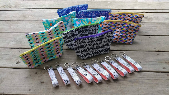 Zipper pouches and key chains with Here Comes the Fun fabrics by Art Gallery Fabrics