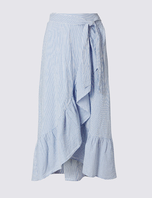 Marks & Spencer Pure cotton wrap ruffle striped midi skirt