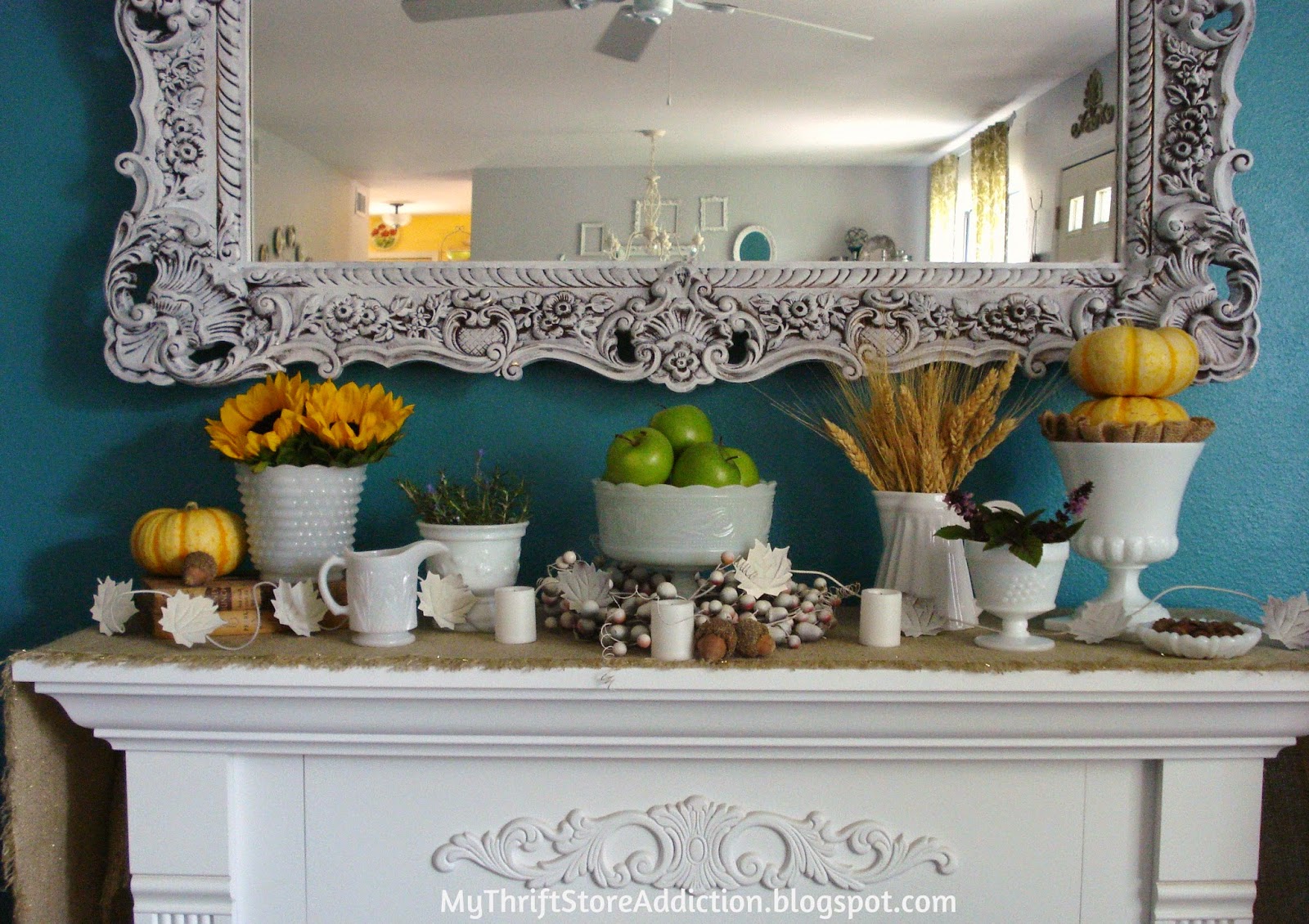 Autumn Harvest Botanical Mantel mythriftstoreaddiction.blogspot.com Use thrift store milk glass and items from your grocery store produce to create a beautiful fall mantel and save money