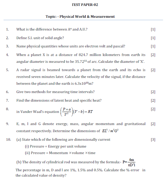 Physical world and measurement ,iit,jee test paper,law of motion ,kinematics, Test paper,solved test paper,important questions for exam,class 11 physics