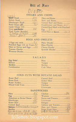 Valley Diner 1940s menu under the Specials Toms Brook VA https://jollettetc.blogspot.com
