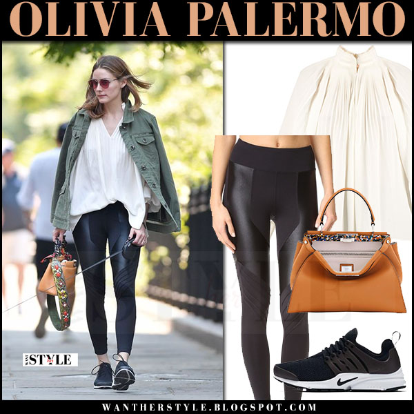 Olivia Palermo In Green Jacket And Black Shiny Leggings New York Olivia Palermo In Army Green Jacket Cream Pleat Tibi Blouse And Black K Leggings Walking