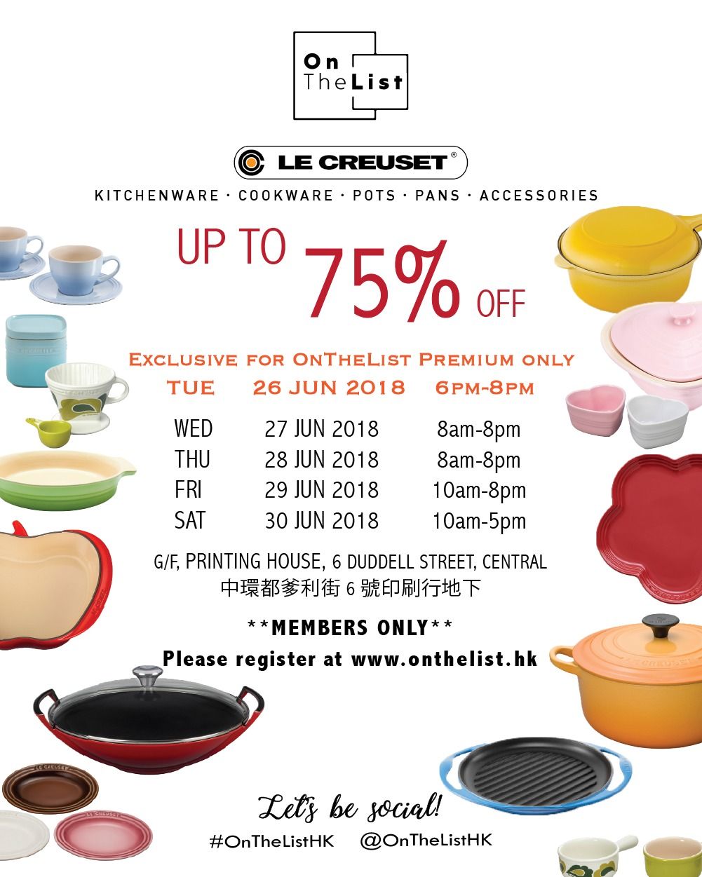 Secret Dealz Hong Kong: LE CREUSET cookware & bakeware warehouse sale at up to 75% off (June 27 2018) Central, Hong Kong