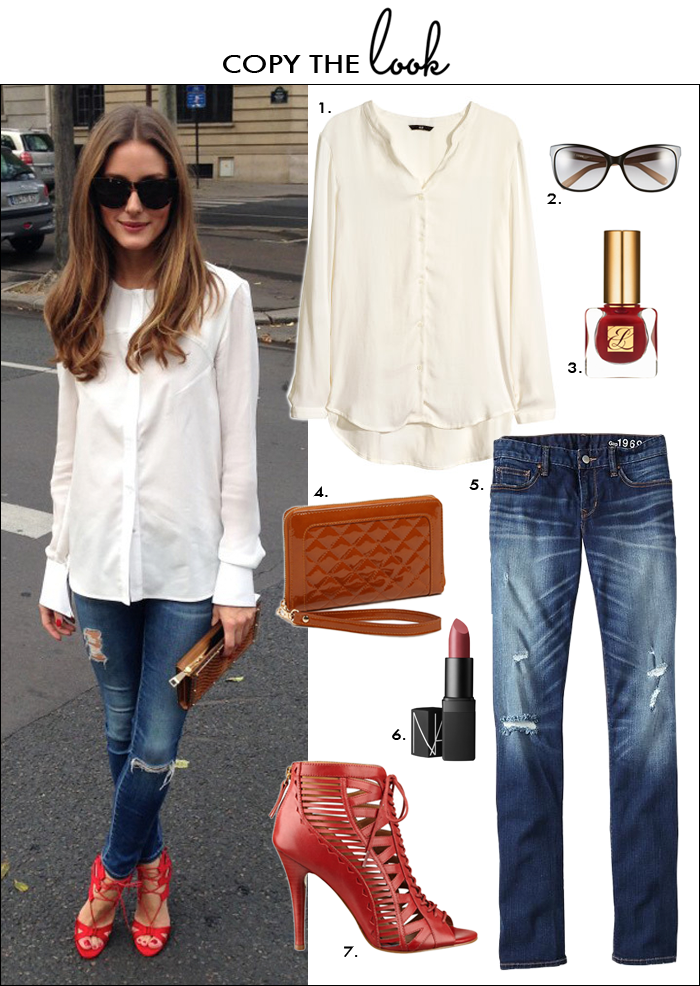 olivia palermo fashion style, look for less, how to wear distressed jeans, how to wear red shoes, lace up heels