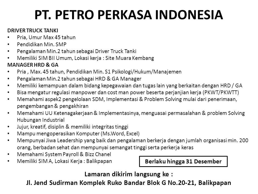 Lowongan Kerja Kota Balikpapan: Lowongan PT. PETRO PERKASA INDONESIA