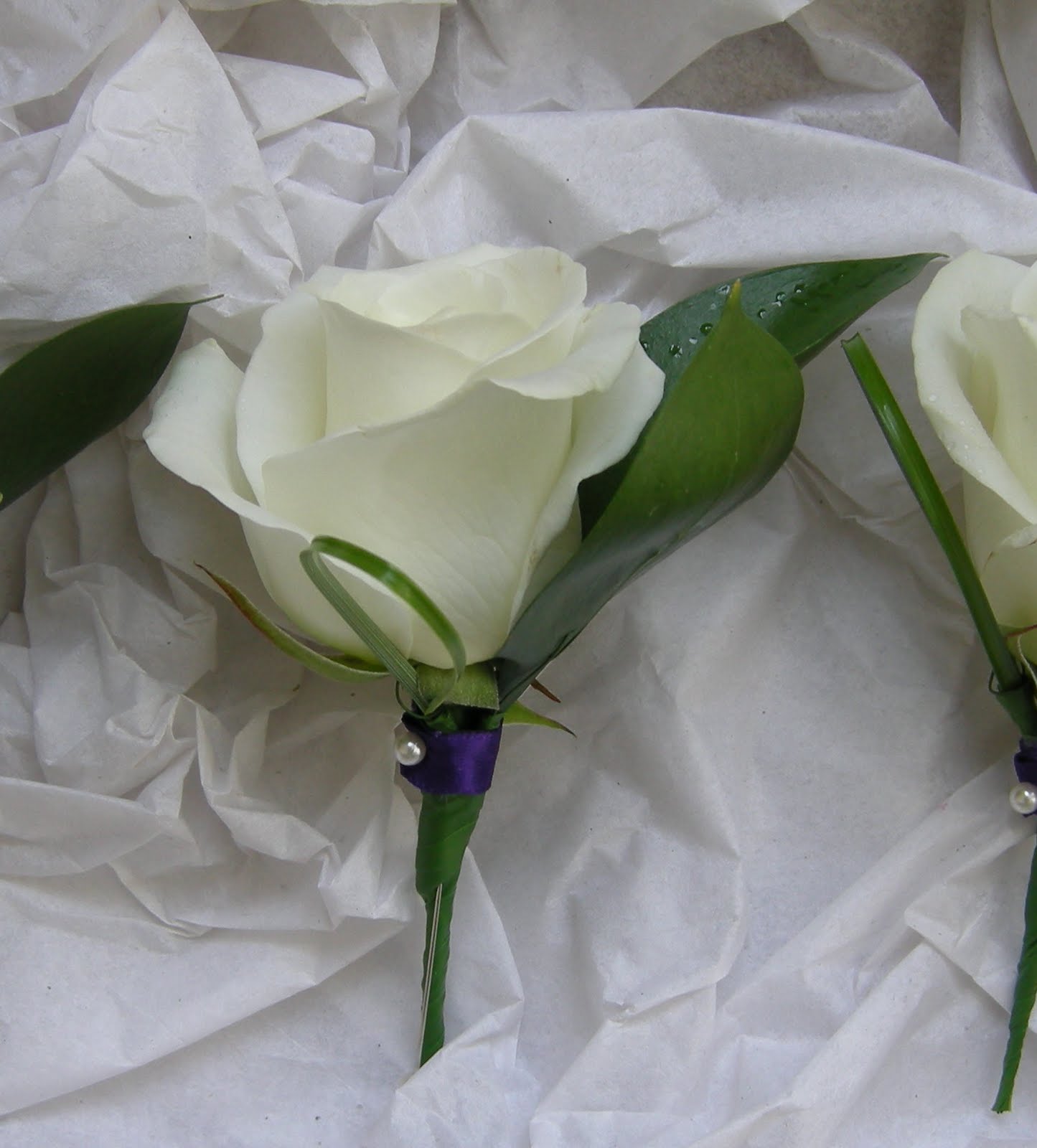 5 ivory/white rose buttonholes with diamante centre for wedding 