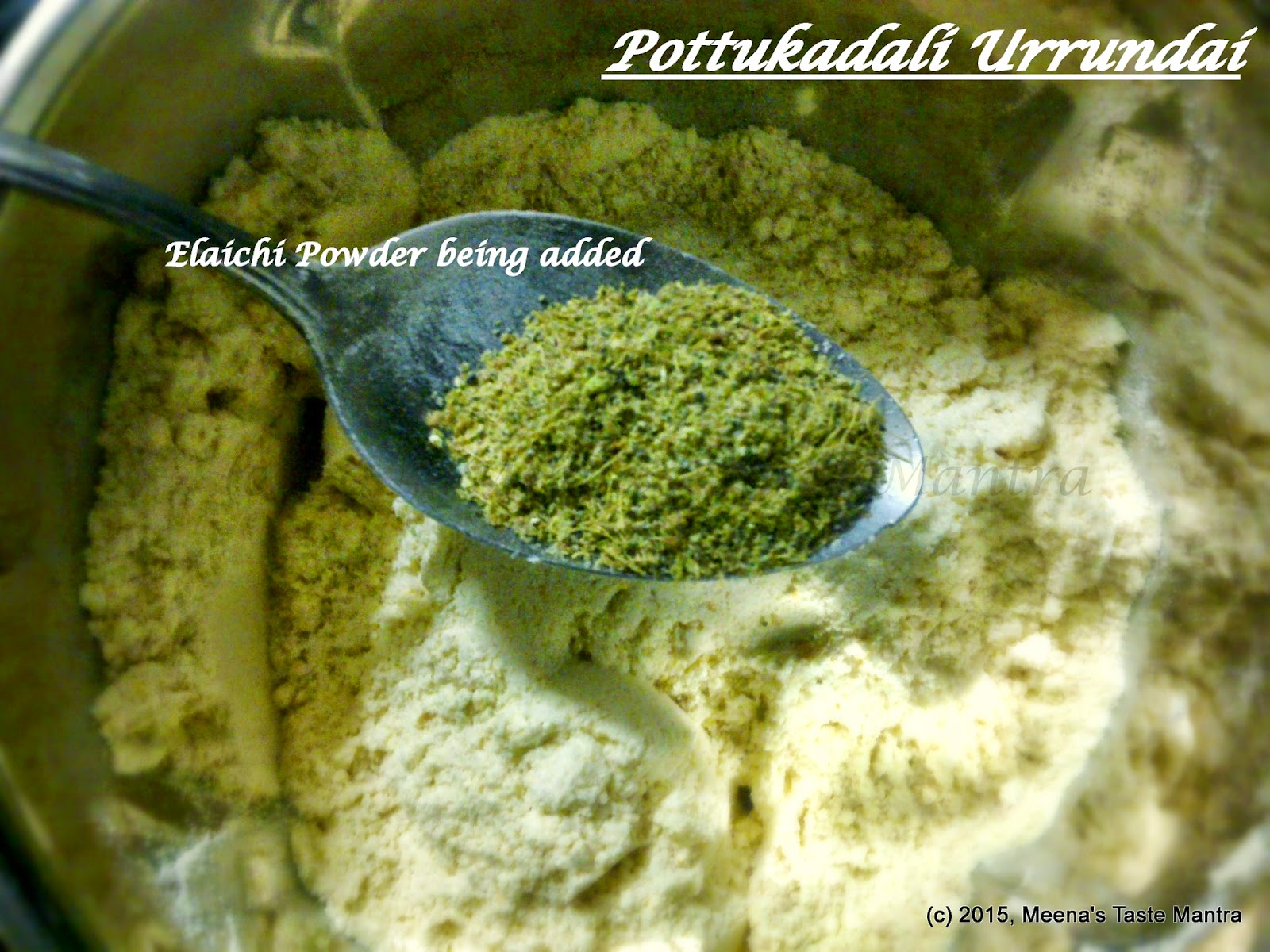 Pottukadalai Urrundai | Maa Ladoo - Elaich Powder being added to ground mix