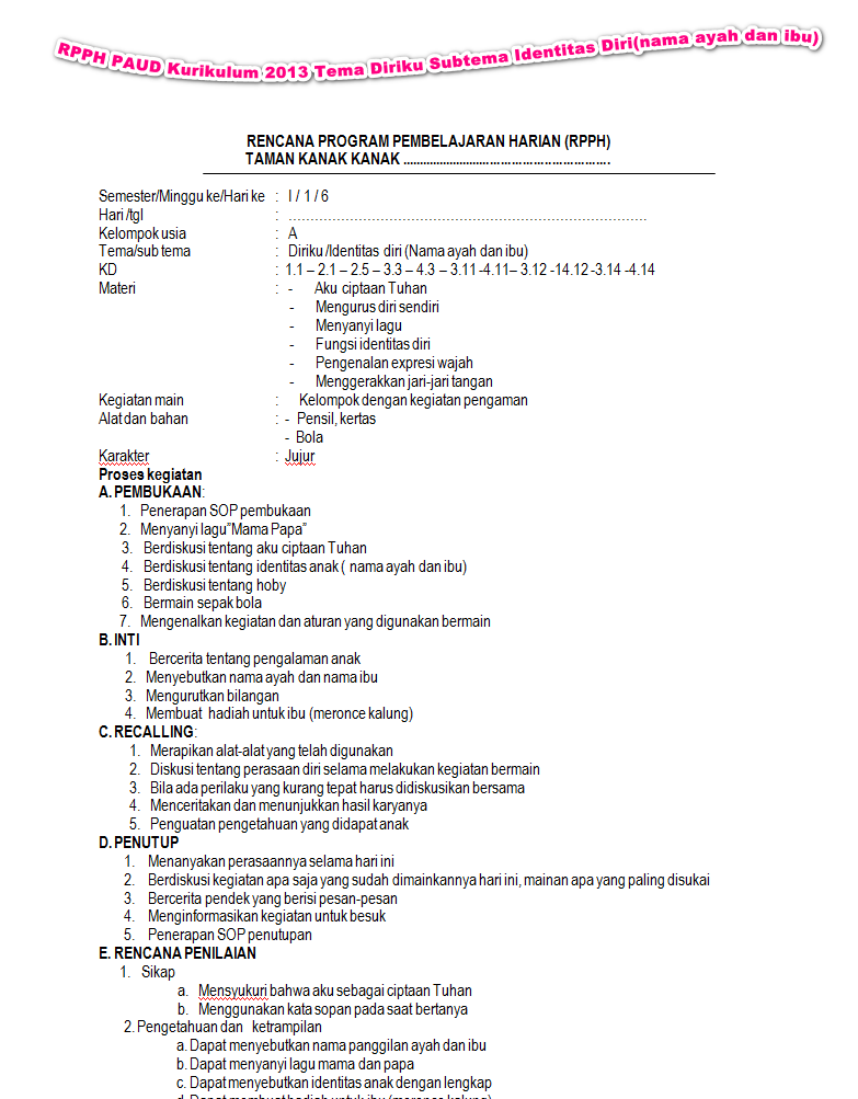 Rpph Paud Tema Diriku Subtema Tubuhku Guru Paud