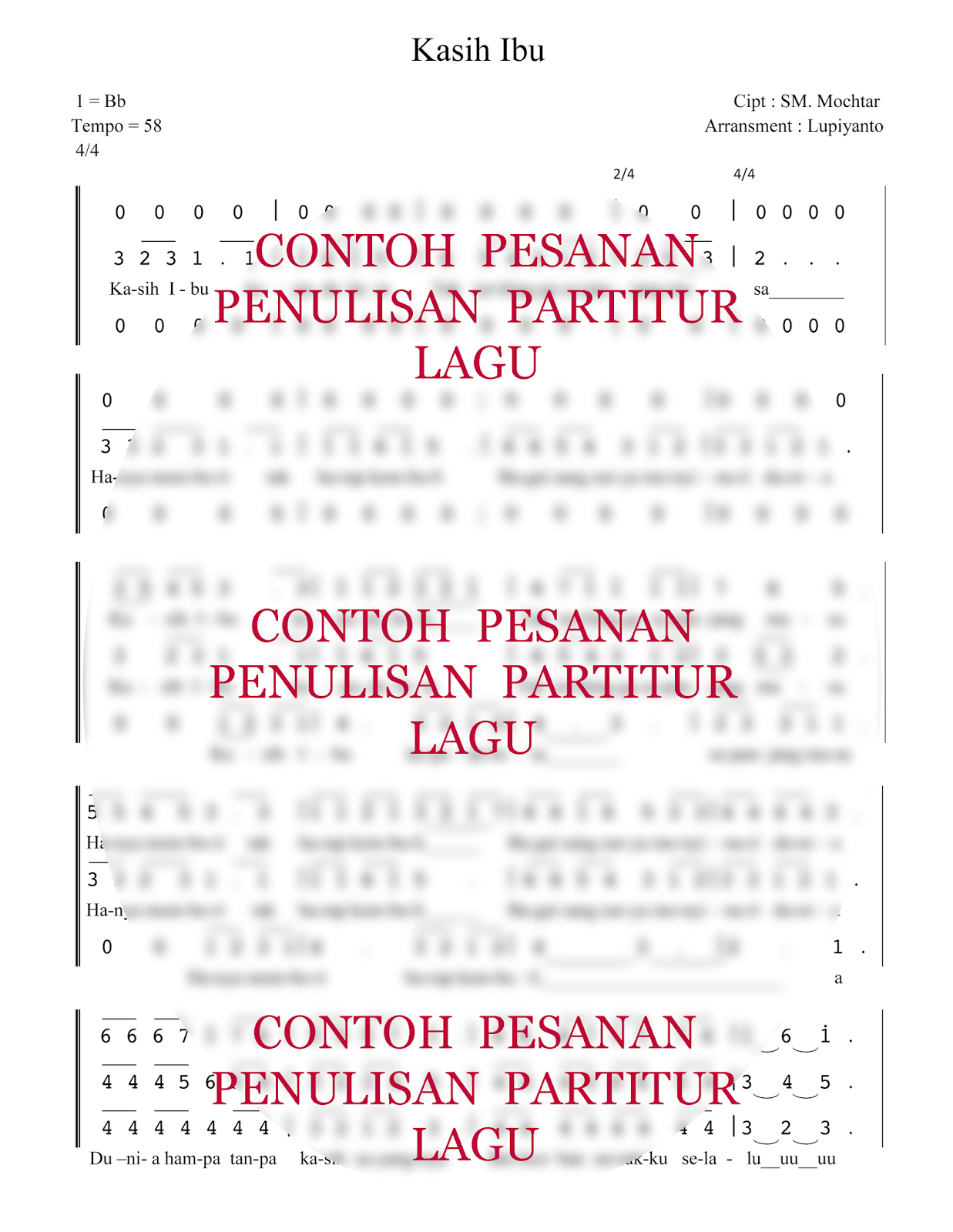 Contoh Hasil Pesanan Penulisan Partitur Paduan Suara Lagu Kasih Ibu