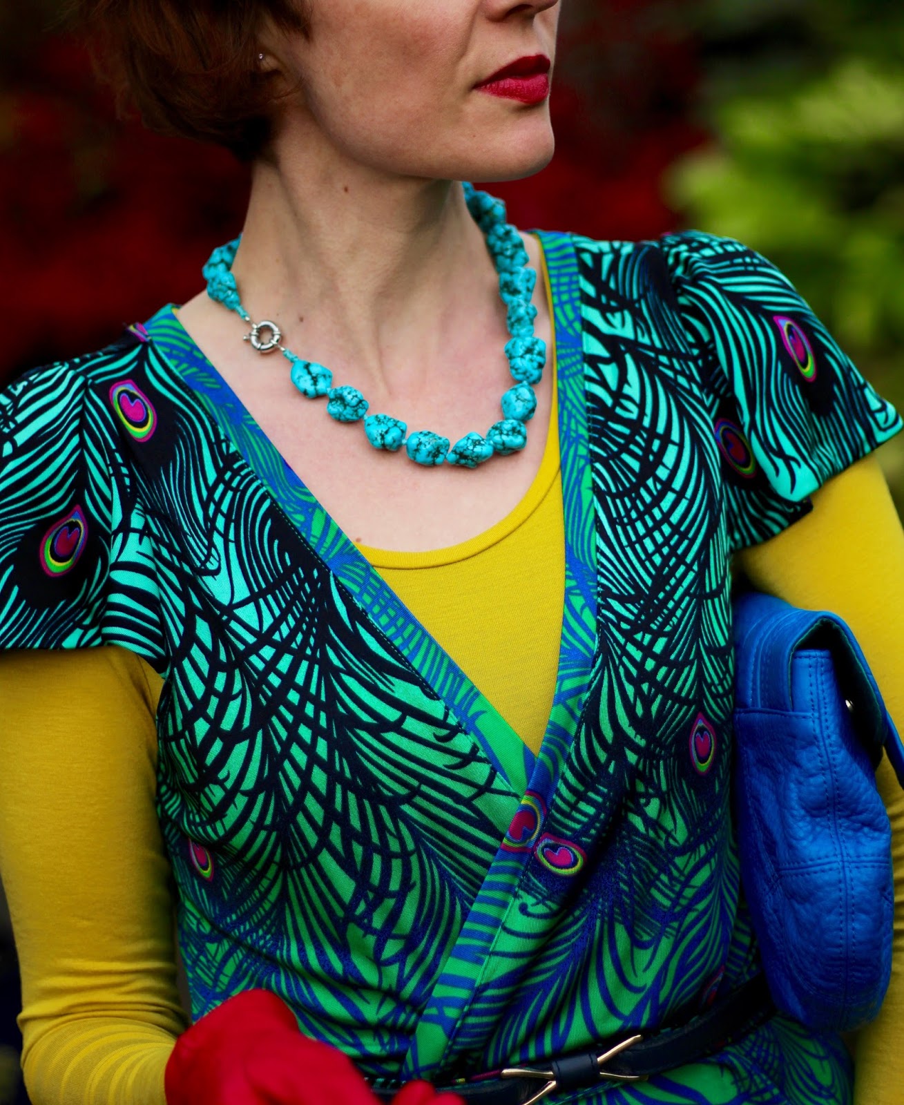 Fake Fabulous | Peacock Wrap dress & Bold Colours, over 40!