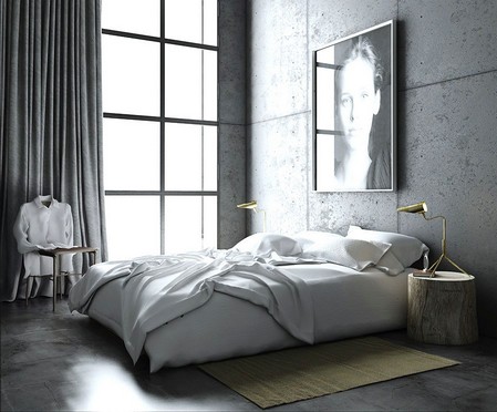 Industrial-Schlafzimmer-grau-Design-mit-betonwände-inklusive-weiß-Bettdecke-und-baumstamm-Nachttisch
