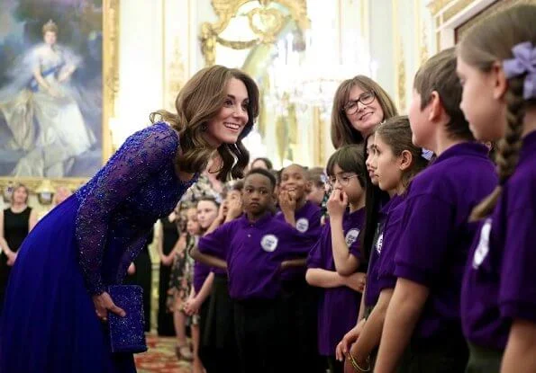 Kate Middleton re-wore a royal blue embellished Jenny Packham gown that she last wore at Bollywood Gala in Mumbai in 2016