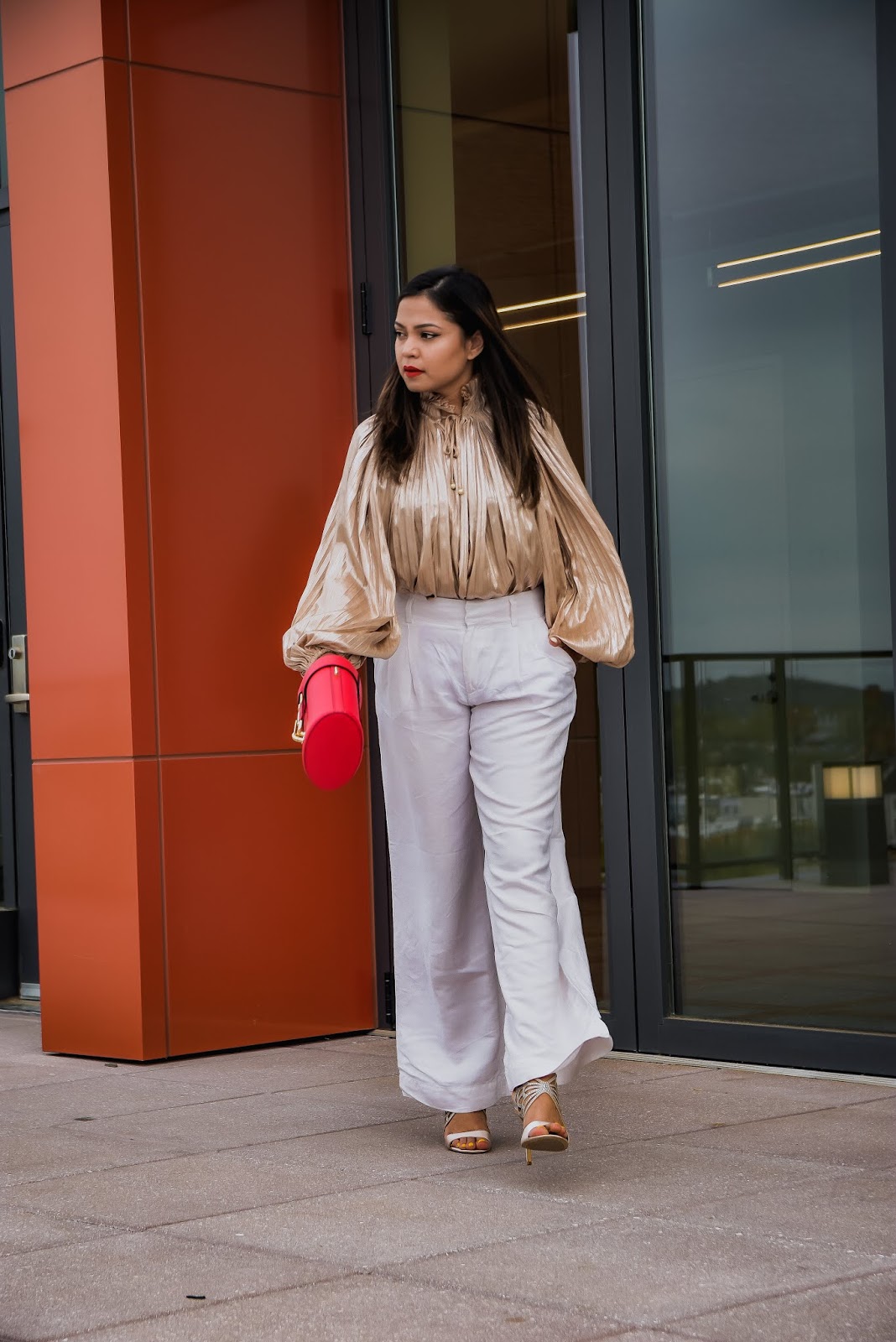 gold blouse, white jeans, party look, weddign guest, ootd, street style, dc blogger, saumya shiohare, myriad musings , rent the runway blouse, whute pants outit, red zac posen bag gold blouse, white jeans, party look, weddign guest, ootd, street style, dc blogger, saumya shiohare, myriad musings , rent the runway blouse, whute pants outit, red zac posen bag