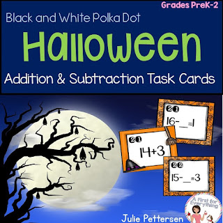 Do you need a fun and engaging way to review addition and subtraction skills? Halloween themed addition and subtraction task cards offer your students a way to review basic skills in an interactive format. Hang them up and students can walk around the room with a clipboard or place them at student desks for students to walk around to read and answer each problem. You can even leave them in a bin for early finishers. (K, 1, 2)