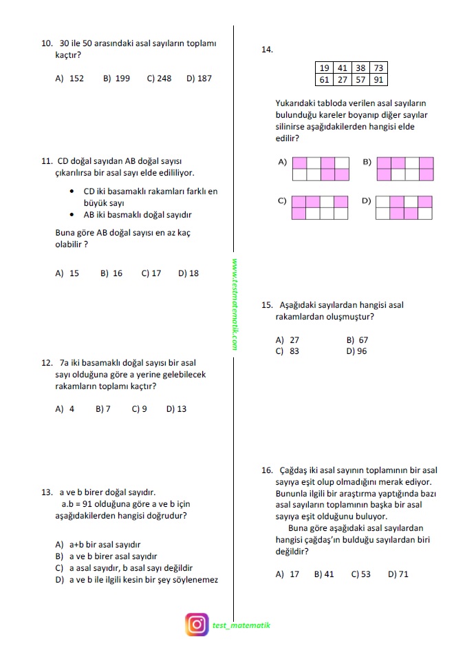 6.SINIF ASAL SAYILAR TEST - Test Matematik