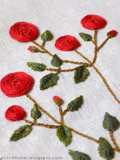 Stitching practice: red roses branch
