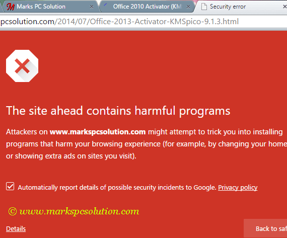 Warning Message from Google Chrome