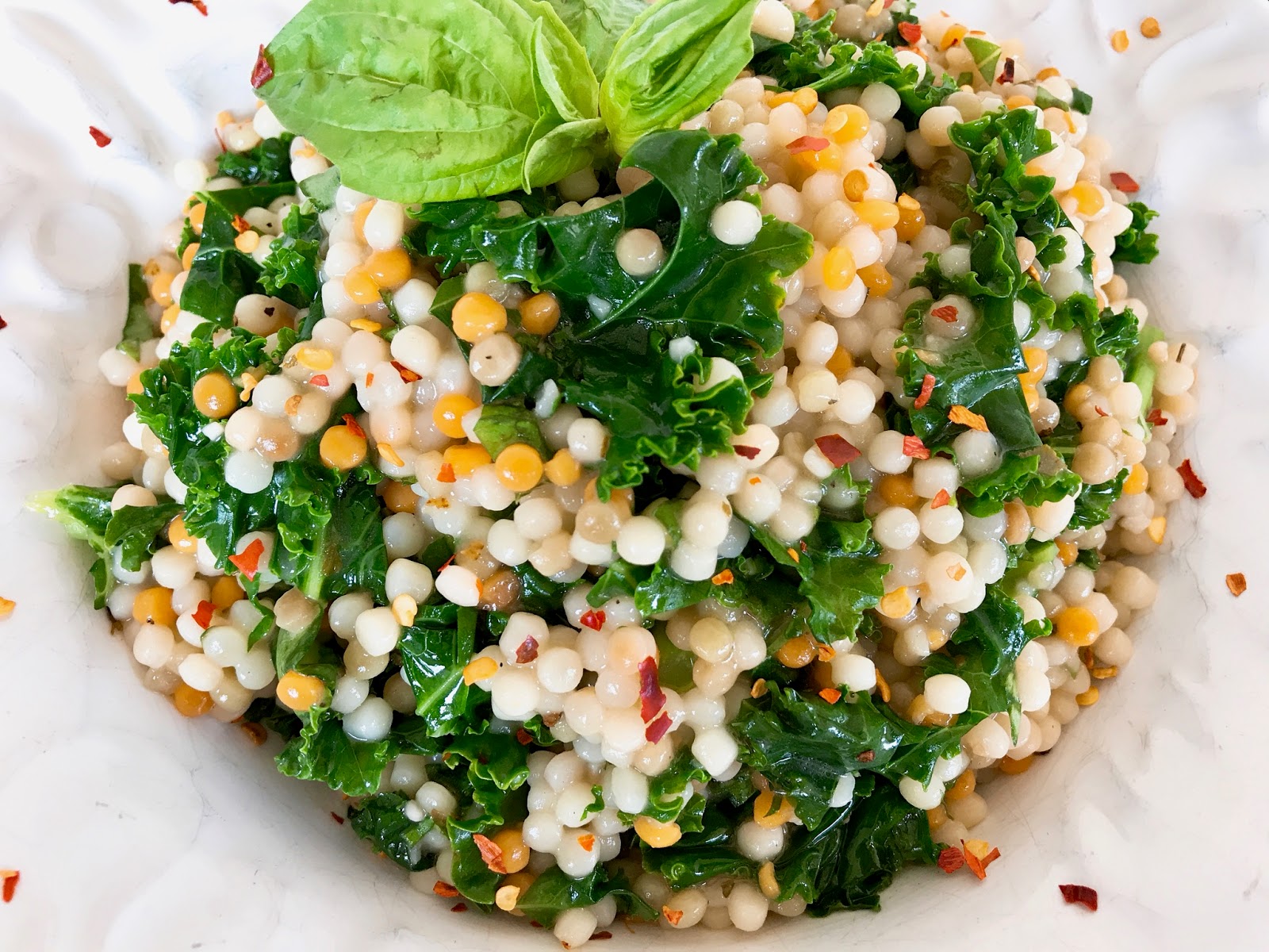 Pearled Couscous Salad with Wilted Kale, Garlic and Crushed Red Pepper