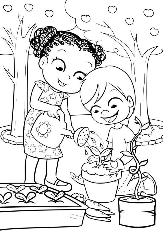 Tranh tô màu hai bạn đang tưới cây