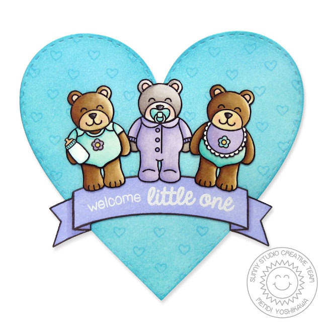 Sunny Studio Stamps: Baby Bear Card by Mendi Yoshikawa (with Banner from Sunny Borders & Stitched Hearts Die set)