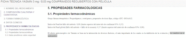 Ficha técnica de una píldora combinada. donde se reconoce su efecto endometrial, potencialmente abortivo