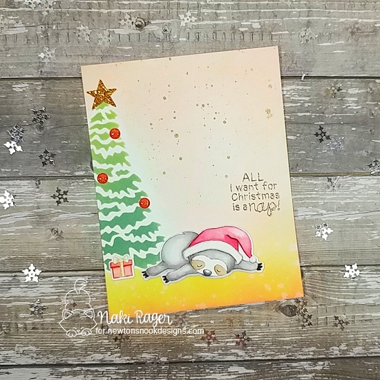 Sloth Christmas Card by Naki Rager | Slothy Christmas Stamp set and Evergreens Stencil by Newton's Nook Designs #newtonsnook #handmade