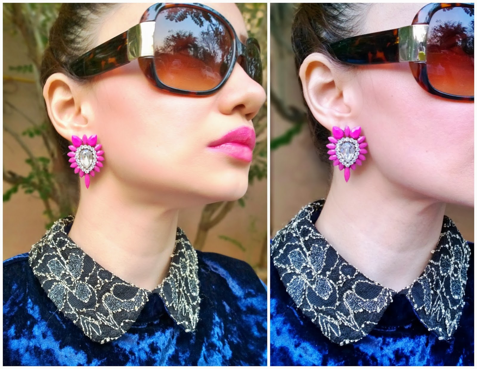 Blue Velvet Top & Pink and Crystal Earrings