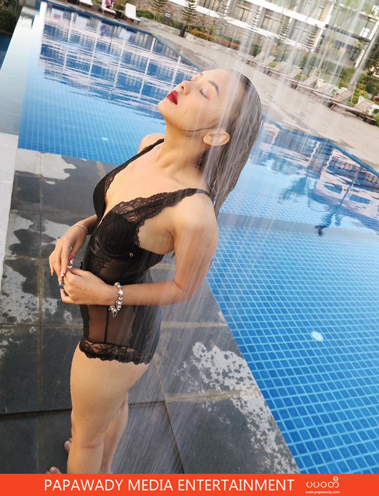 Shwe Mhone Yati Shows Off Her Beauty in Swim Suit Fashion While Swimming in Yangon