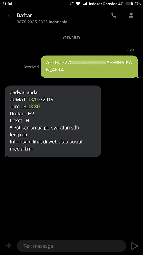 No SMS Mendaftar Antrian DISDUKCAPIL Kota Bandung dan