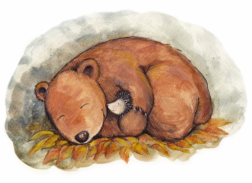 Kinderbuchillustration, Winterschlaf, Bär, Igel, children's book illustration, hibernation, winter sleep, little bear, hedgehog