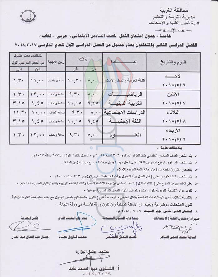 جدول امتحانات الصف السادس الابتدائي 2024 الترم الثاني محافظة الغربية