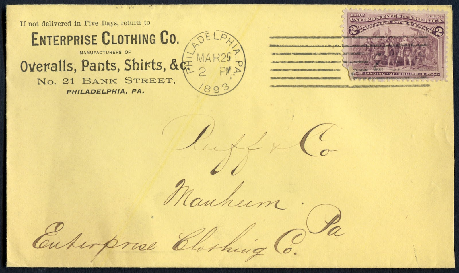 UnionMade 1893 Enterprise Clothing Company Envelope