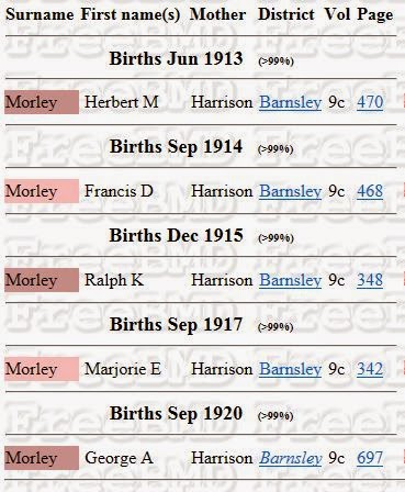 A snip from the FreeBMD website showing five births, surname Morley, mmn Harrison, between 1913 and 1920.