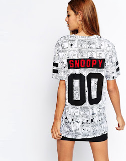 Oversized boyfriend t-shirt with Snoopy comic strip print & varsity number back, $56.61 from Criminal Damage