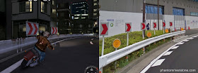 A road corner in the game (left) and real life (right) with guard rail, arrows and reflectors.