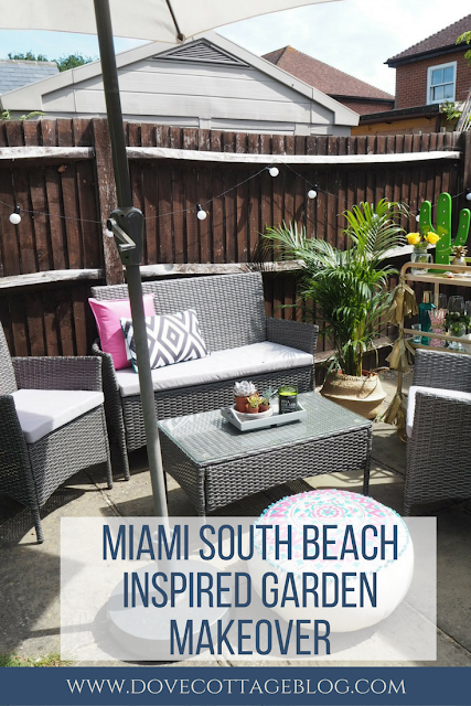 Miami South Beach inspired garden outdoor makeover creating a summer dining area on a budget and using items from the high street. Featuring colourful homeware and interiors, and an IKEA hack turning a Sunnersta trolley into a glamorous drinks trolley bar cart.