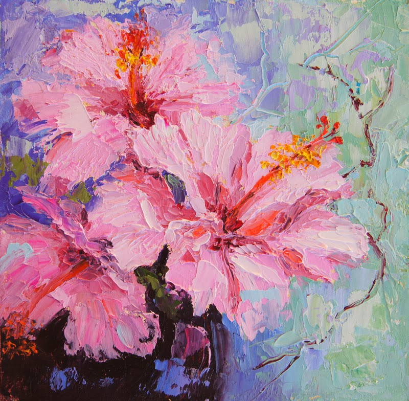 Palette Knife Painters, International Hibiscus Still Life Oil Palette Knife Paintings by Marion