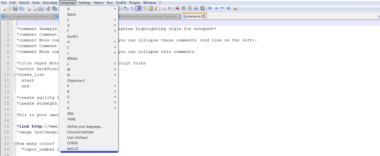 Dark Forest Crow Notes Notepad++ custom syntax highlighting tutorial (ChoiceScript example)