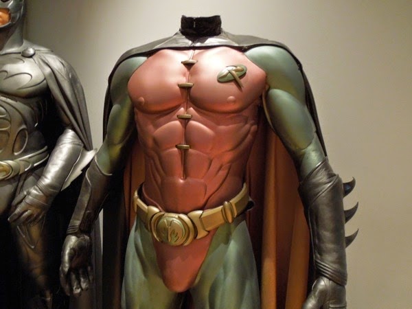 Hollywood Movie Costumes and Props: Val Kilmer's Sonar Bat-suit and Chris  O'Donnell's Robin costume from Batman Forever on display...