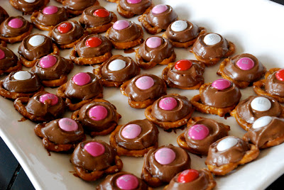 Pretzel snacks with chocolate and M&ms