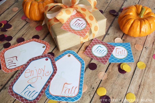 wrapped present, pumpkins, fall gift tags, confetti, fall is in the air