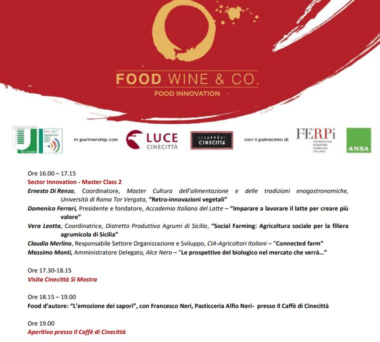 Master “Food, Wine & CO. Food Innovation”, VI edizione 23-24 novembre 2017. Cinecittà Studios, Roma
