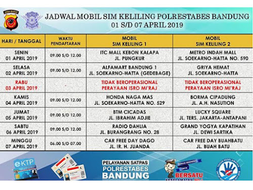 Jadwal SIM Keliling Polrestabes Bandung Bulan April 2019