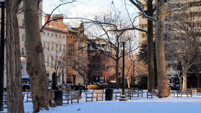 Snow-covered Rittenhouse Square in Center City Philadelphia