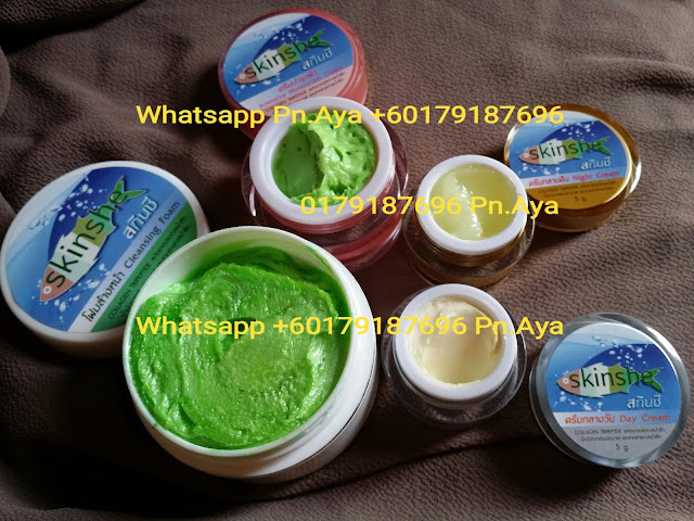Skinshe Giftset Cream ( Shinete original ) Help reduce wrinkles freckles and dark spots faded. Anti oxidant with natural extracts. Fine white skin smooth and clear. Products you use, you will see the change. Within 15 days of the face. PRICE: 1 SET RM90 WEST MALAYSIA, RM95 EAST MALAYSIA..FREE POSTAGE WHATSAPP ORDER +60179187696 #skinshe #skinshegiftcream Skinshe Gift Set Cream in 1 set contains : 1. Skinshe Cleansing Foam ( White Cartridge, green meat ) Use clean face purely, no oil on the face and not dry skin. No. FDA 10-1-5754262 Ingredients : DI Water, Stearic Acid, Propylene glycol, Hostapon CT Paste, ODN, TEA, KD,Comperian 100 C, Myristic Acid, Amino coat, Bozeat 400, Cucumber Extract , Vitamin E, Vitamin B 3 Size: 40 g 2. Skinshe Day Cream ( Silver Cartridge ) Add moisture to the skin with a combination of natural energy collagen tripeptide. It is a collagen peptide extracted from deep sea fishing, is oil from the whales, seaweed deep. No. FDA 10-1-5800076 Ingredients : DI Water, AP Wax 80, OMC, Micronized, zinc oxide, DC345, Tianium dioxide nanosil, Hostaphat KL340D, Propylene glycol, Oligo GGF, Carrot Extract, Jojoba Leaf Extract, AVC, Paratexin FPX, Vitamin E, Glydant plus Size: 5 g 3. Skinshe Night Cream ( Gold Cartridge ) Sunscreen primer mix not sticky light cream. Make white face smooth and clear. Don't worry that face will have it because the ingredients of the cream has excellent quality. No. FDA 10-1-5800077 Ingredients : DI Water, AP Wax 80, Aminocoat, AVC, Propylene glycol, Oligo GGF, DC 345, Glycerine, Hostacphat KL 340D, Macadamia Oil, Glydant plus, Radish Extract, Arbutin, Kojic Acid , Vitamin B3, VitaminE, Mulberry Bark Extract , Allantion Size : 5 g 4. Skinshe Intensive Moisturizer Cream ( Pink Cartridge ) Help your skin hydrated throughout the night. Restore condition ready to welcome a new day, light cream not sticky. Comprising pueraria help tightening skin face taut. Beta glucan helps smooth skin. collagen helps strengthen the skin structure. vitamin helps the face radiant, mango extract helps keep skin youthful. No. FDA 10-1-5800080 Ingredients : DI Water, AP Wax 80, Aminocoat, GGF, Propylene glycol, DC 344, Propylene glycol, Hostacerin SAF, Macadamia Oil, Evening Primerose Oil, Tumeric Extract, Jojoba Leaf Extract, Lavender Extract, Allantion, Vitamin E Size : 10 g How to use Skinshe Giftset Cream in 1 day : In the morning. 1. Cleansing with Skinshe Cleansing Foam ( White Cartridge, green meat ) 2. Apply Skinshe Intensive Moisturizer Cream ( Pink Cartridge ) 3. Apply Skinshe Day Cream ( Silver Cartridge ) In the evening 1. Cleansing with Skinshe Cleansing Foam ( White Cartridge, green meat ) 2. Apply Skinshe Intensive Moisturizer Cream ( Pink Cartridge ) 3. Apply Skinshe Night Cream ( Gold Cartridge )