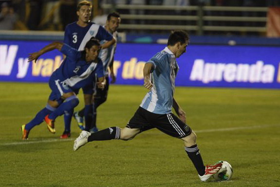 Lionel Messi scores a penalty against Guatemala for his 34th goal in Argentina colours