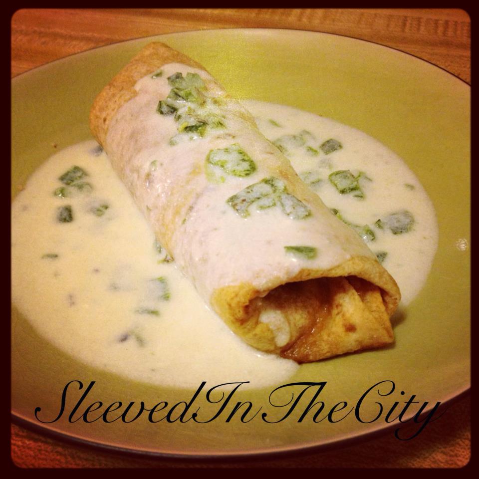 Sleeved in the City Baked Chicken Burrito with Greek YogurtPoblano Sauce