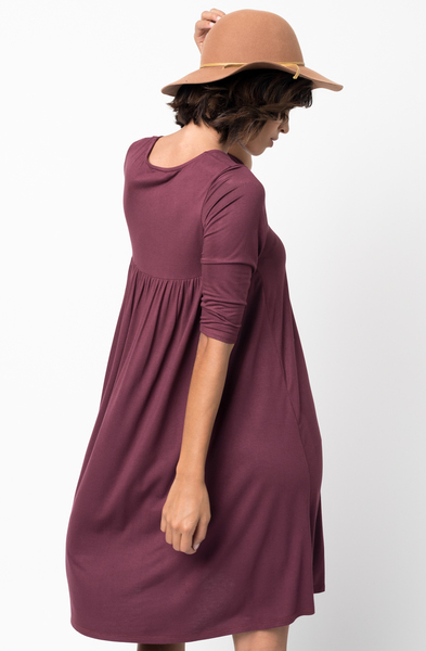 Shop for Red Brown Shirred Back Midi 3/4 sleeve jersey dress crew neck online on caralase.com