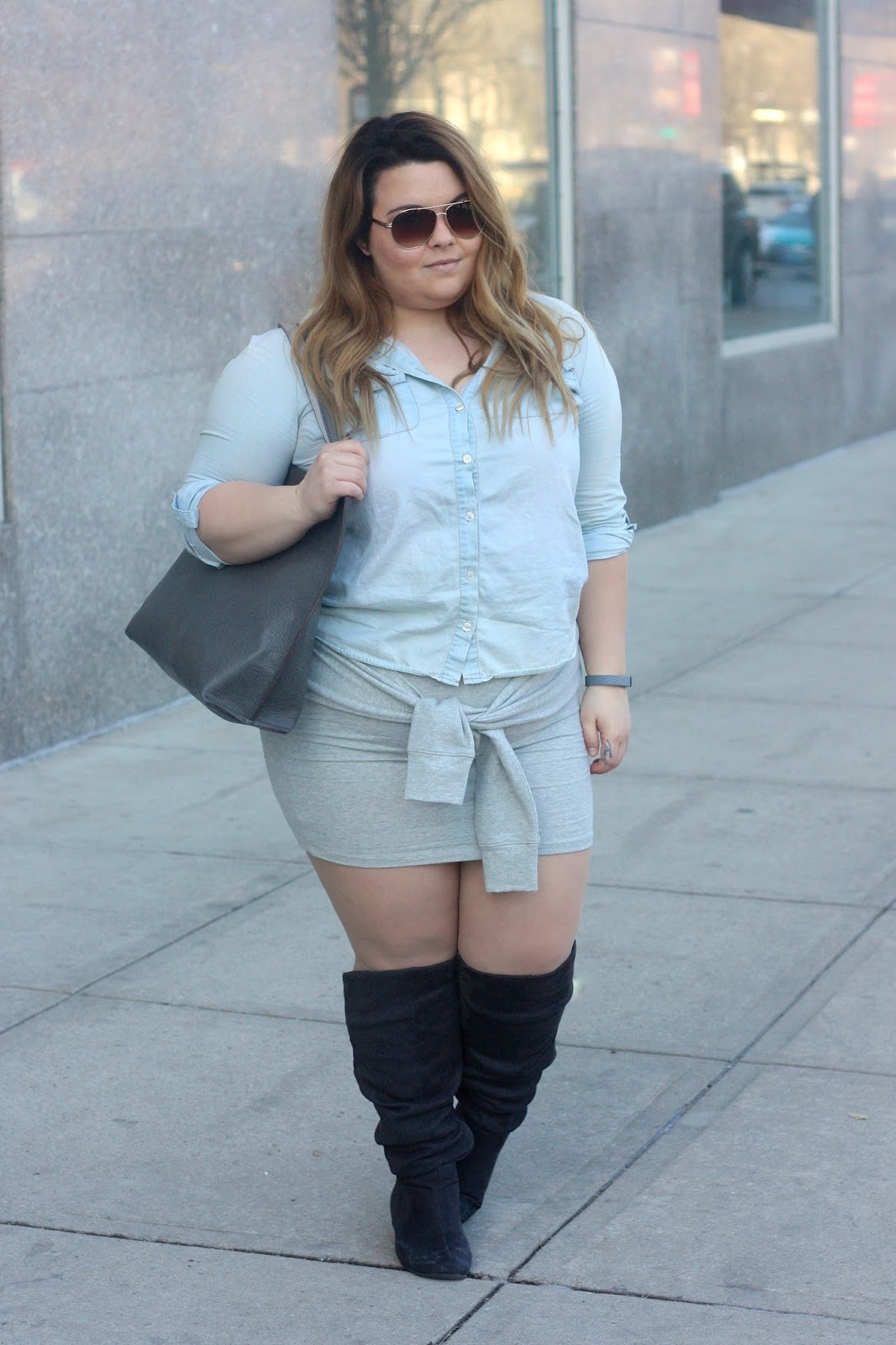 natalie in the city, natalie craig, chicago, ps fashion, plus size fashion blogger, how to wear a tie waist skirt, curvy, fatshion, charlotte russe plus, denim button up, knee high wide calf suede boots, bottle blonde